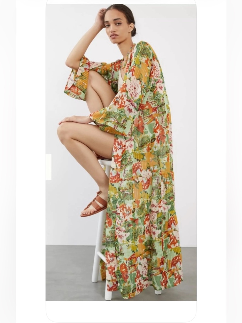 Anthropologie OS Floral Metallic Lurex Duster Kimono Boho Maxi Lounge Resortwear